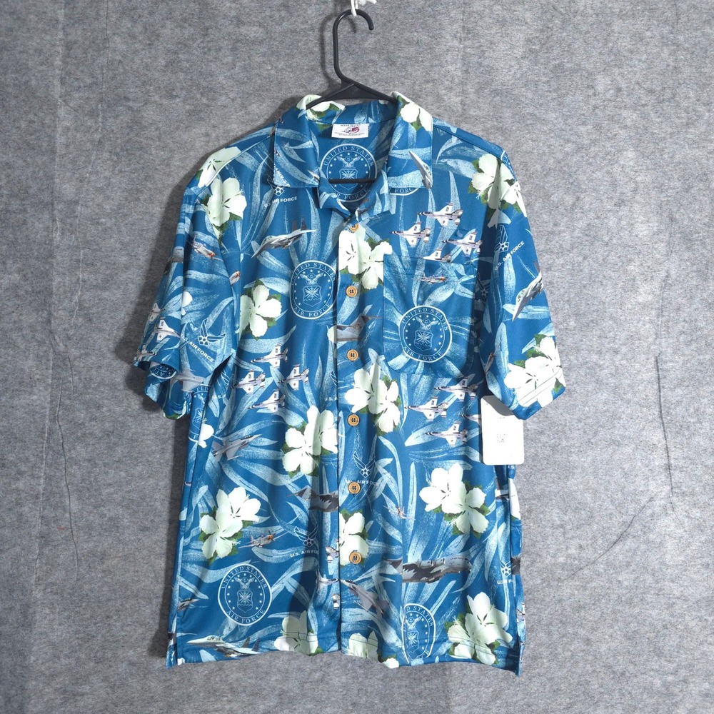 US Air Force Hawaiian Shirt Men's Size S Blue Floral Jets Made in USA Officially